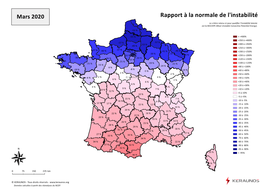 Carte Ecart à la normale de l'instabilité latente - (MUCAPE)