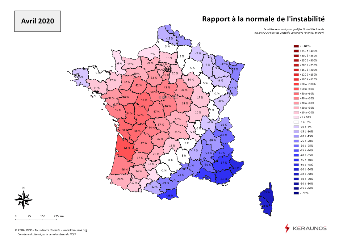 Carte Ecart à la normale de l'instabilité latente - (MUCAPE)