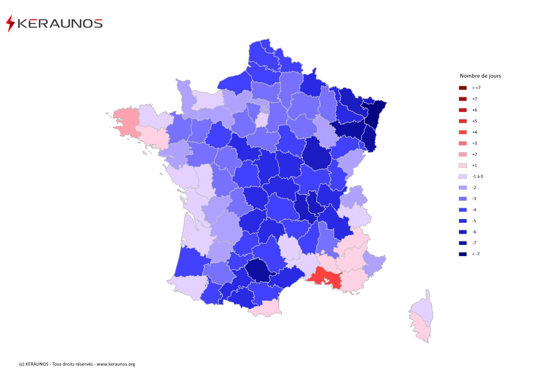 Carte Anomalie du nombre de jours avec orage (moyenne 2009-2015)