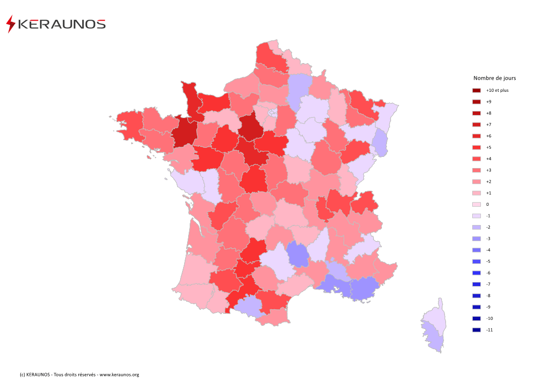 Carte Anomalie du nombre de jours avec orage (moyenne 2009-2015)