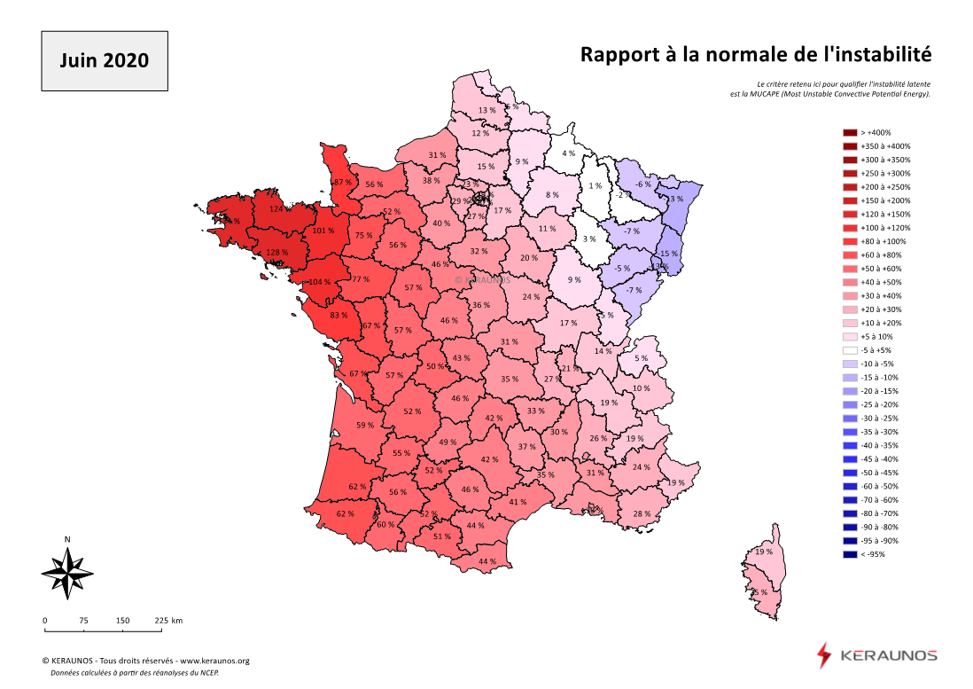 Carte Ecart à la normale de l'instabilité latente - (MUCAPE)