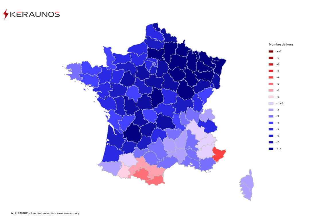 Carte Anomalie du nombre de jours avec orage (moyenne 2009-2015)