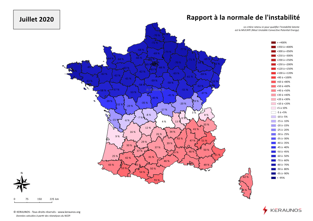 Carte Ecart à la normale de l'instabilité latente - (MUCAPE)