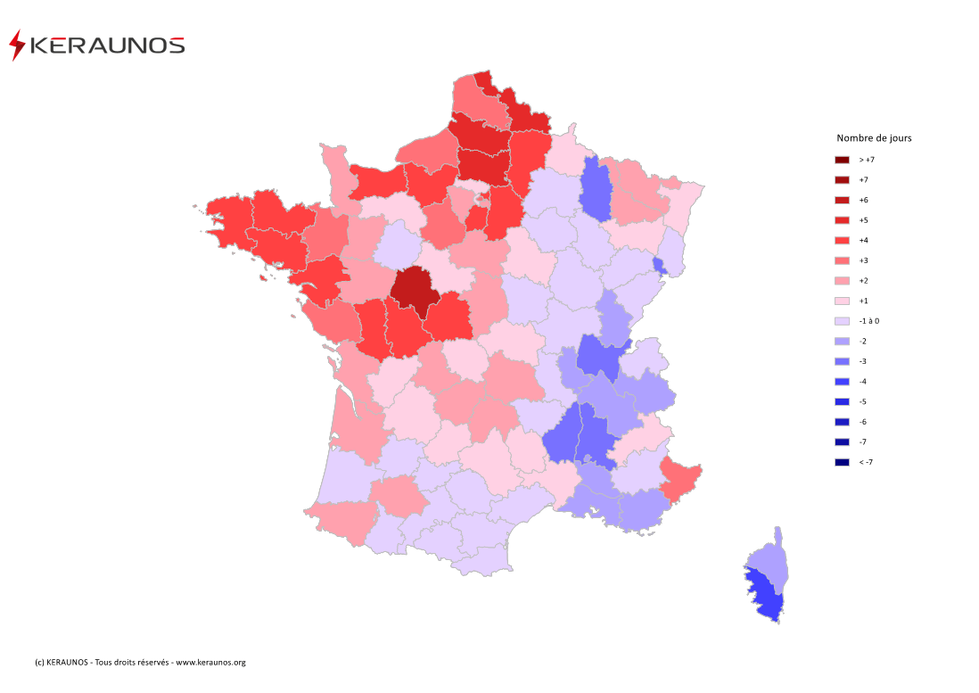 Carte Anomalie du nombre de jours avec orage (moyenne 2009-2015)