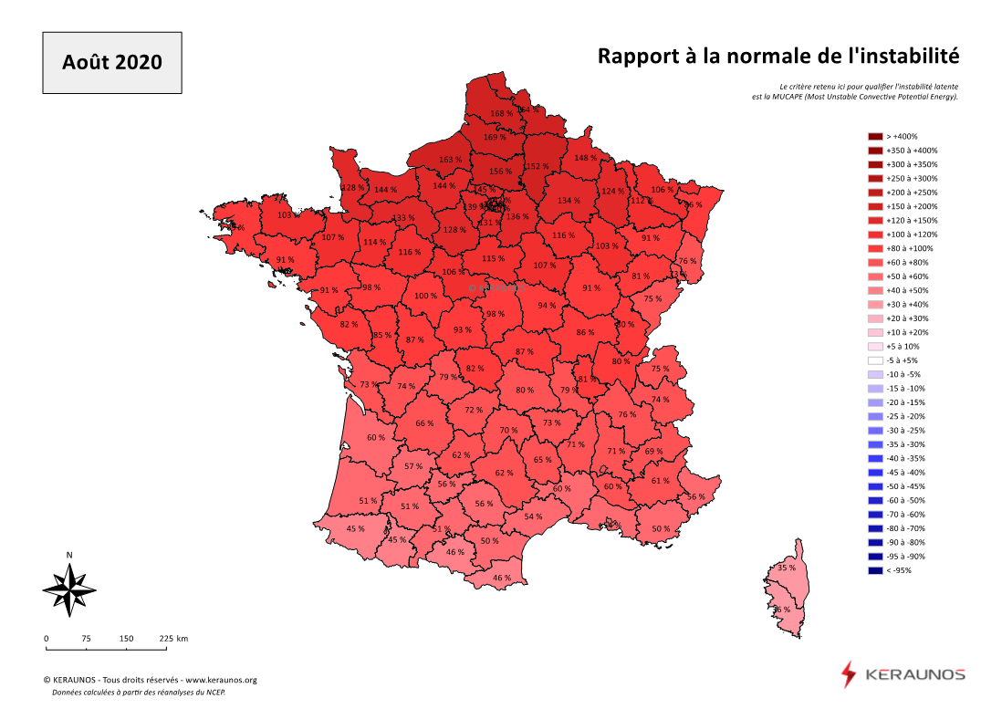 Carte Ecart à la normale de l'instabilité latente - (MUCAPE)