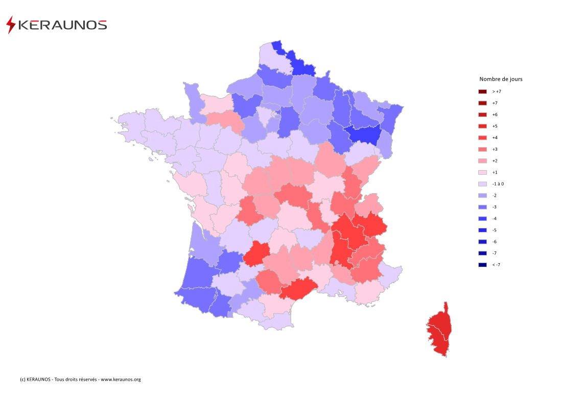 Carte Anomalie du nombre de jours avec orage (moyenne 2009-2015)