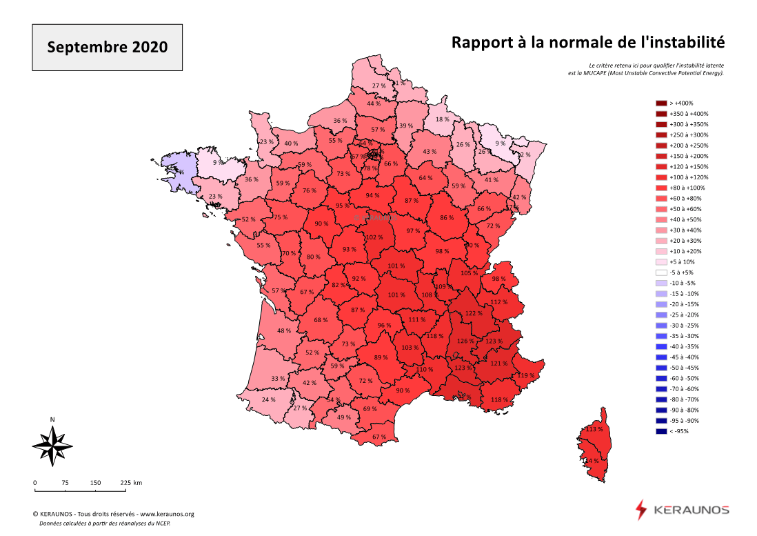 Carte Ecart à la normale de l'instabilité latente - (MUCAPE)