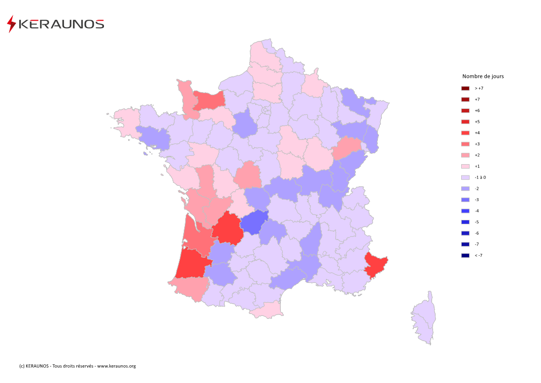 Carte Anomalie du nombre de jours avec orage (moyenne 2009-2015)