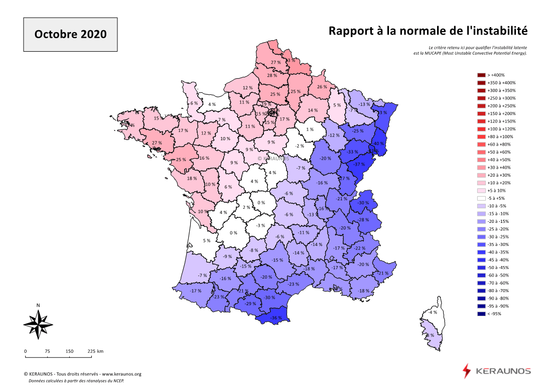 Carte Ecart à la normale de l'instabilité latente - (MUCAPE)