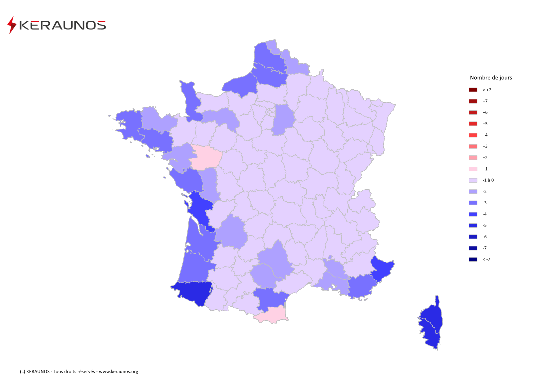 Carte Anomalie du nombre de jours avec orage (moyenne 2009-2015)