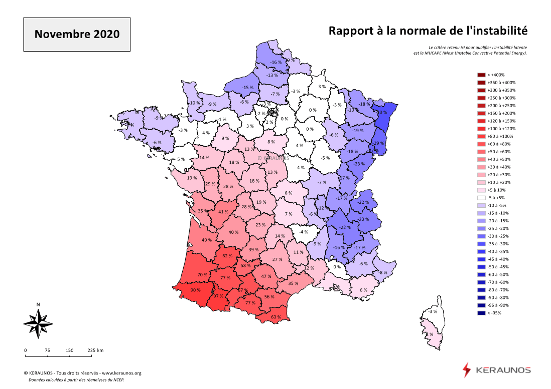 Carte Ecart à la normale de l'instabilité latente - (MUCAPE)