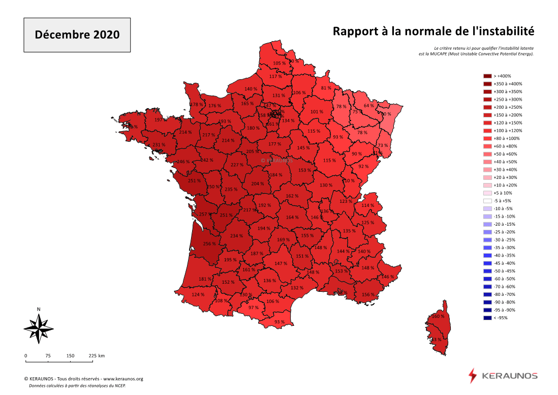 Carte Ecart à la normale de l'instabilité latente - (MUCAPE)