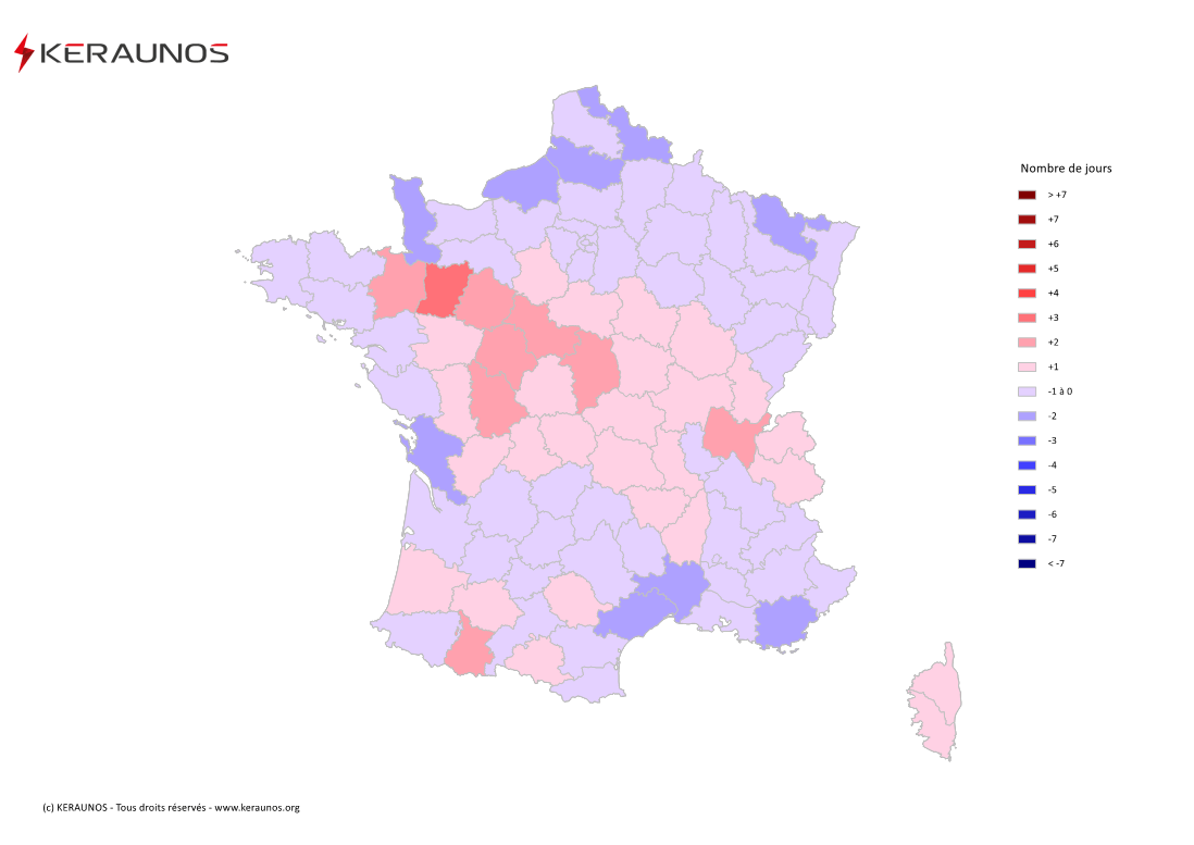 Carte Anomalie du nombre de jours avec orage (moyenne 2009-2015)