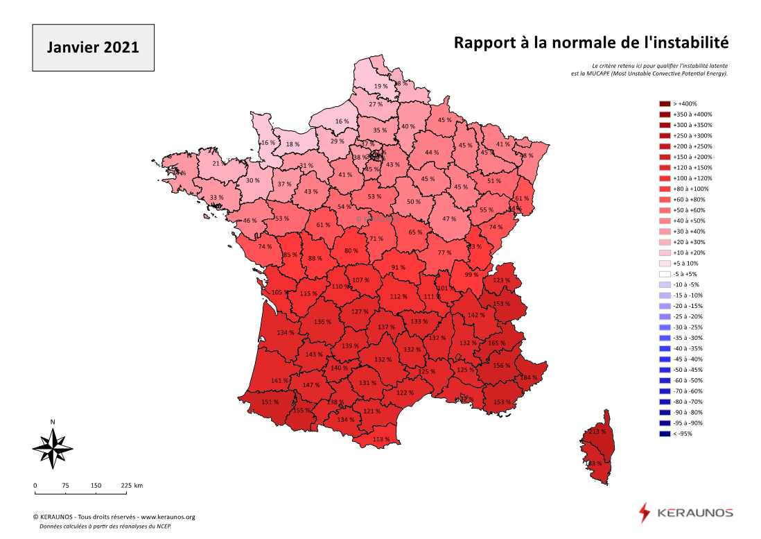 Carte Ecart à la normale de l'instabilité latente - (MUCAPE)