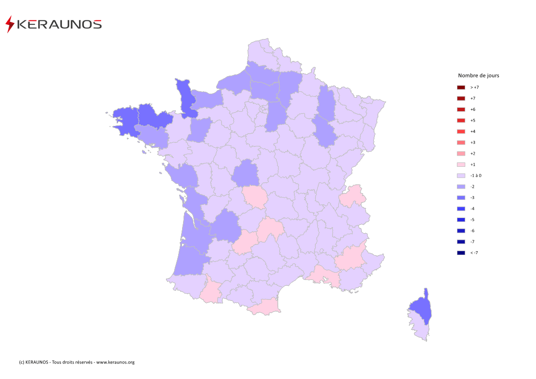 Carte Anomalie du nombre de jours avec orage (moyenne 2009-2015)