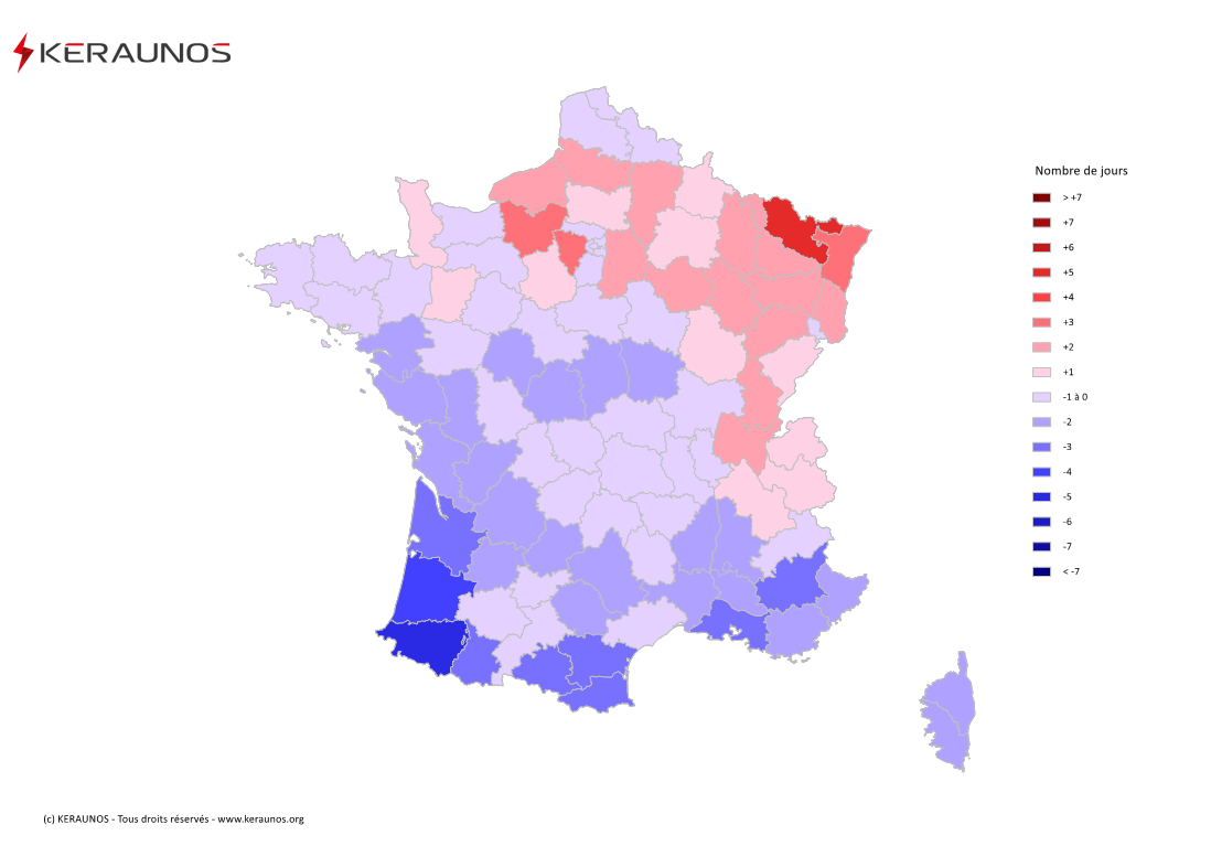 Carte Anomalie du nombre de jours avec orage (moyenne 2009-2015)