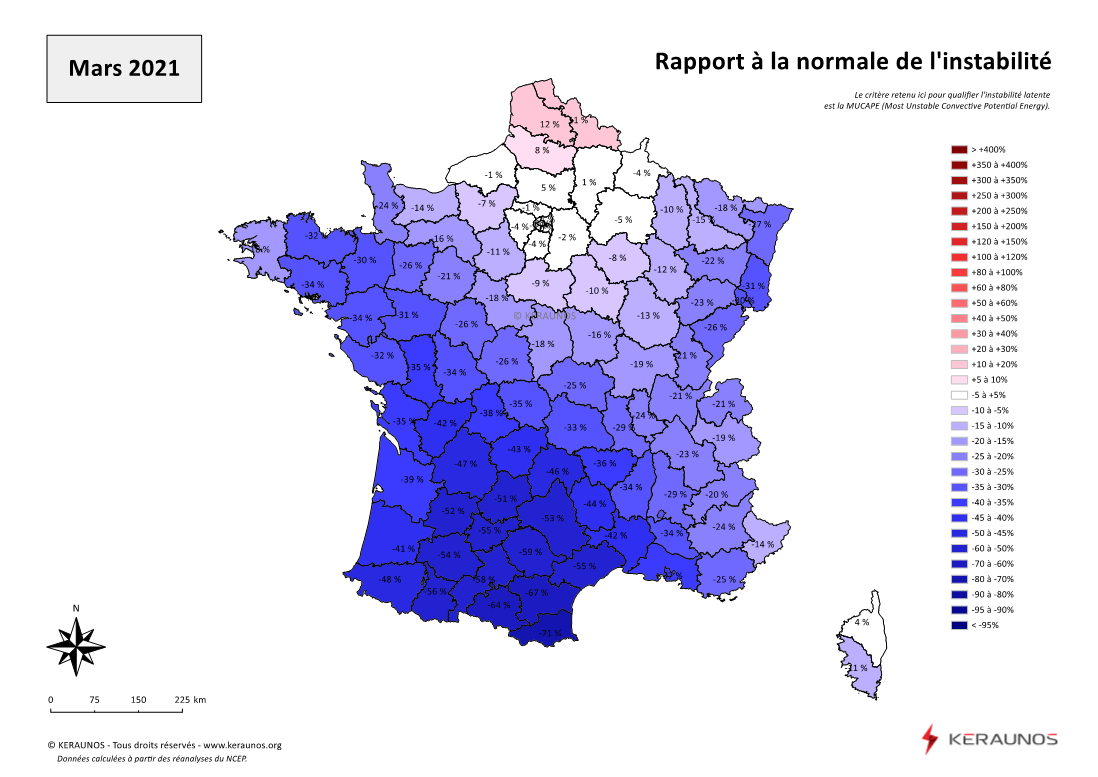 Carte Ecart à la normale de l'instabilité latente - (MUCAPE)