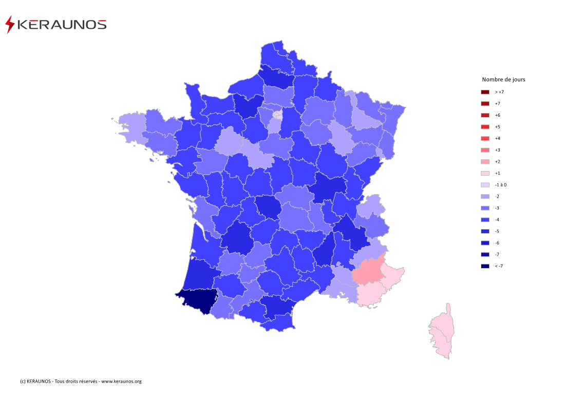 Carte Anomalie du nombre de jours avec orage (moyenne 2009-2015)