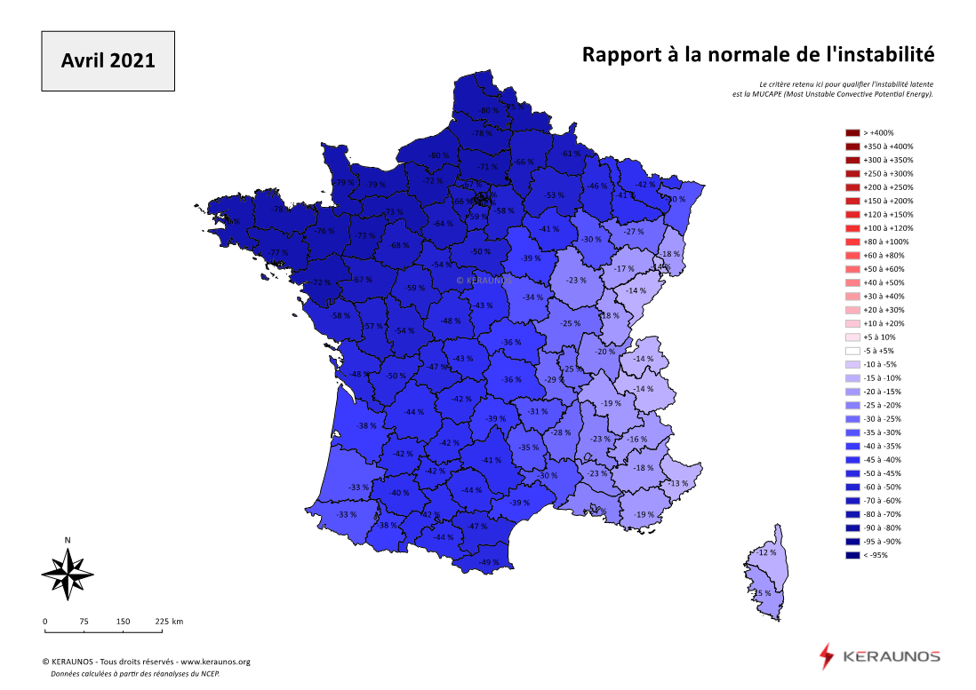 Carte Ecart à la normale de l'instabilité latente - (MUCAPE)