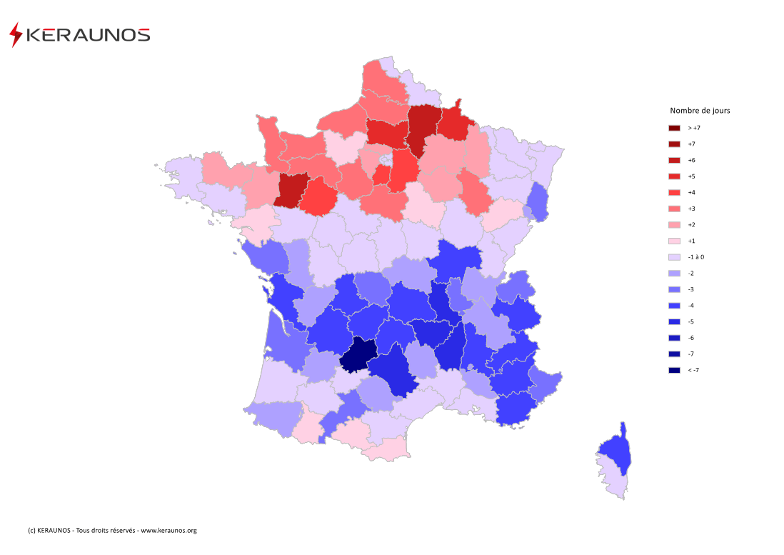 Carte Anomalie du nombre de jours avec orage (moyenne 2009-2015)