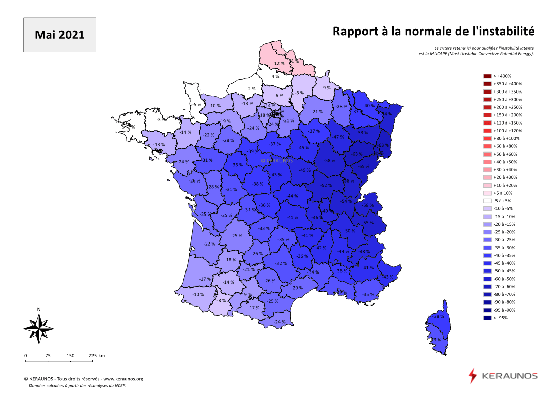 Carte Ecart à la normale de l'instabilité latente - (MUCAPE)