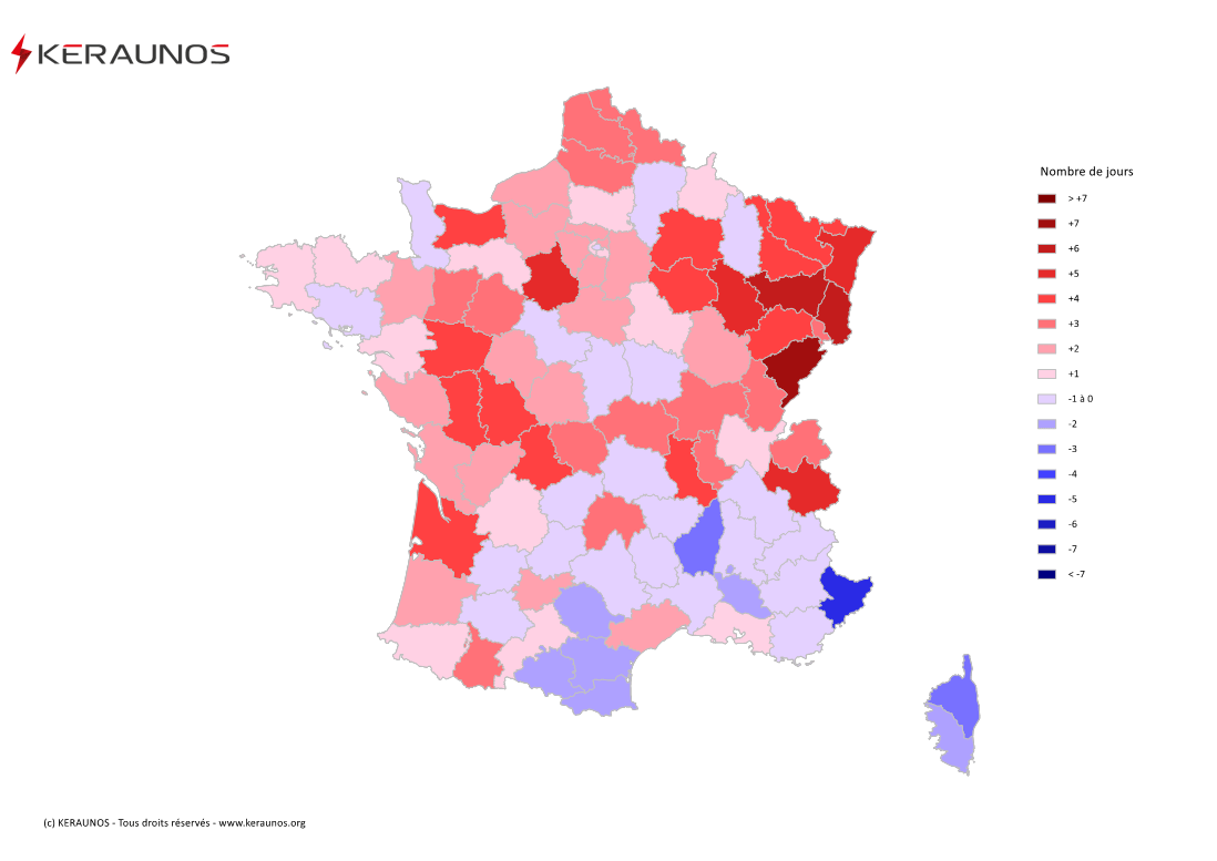 Carte Anomalie du nombre de jours avec orage (moyenne 2009-2015)