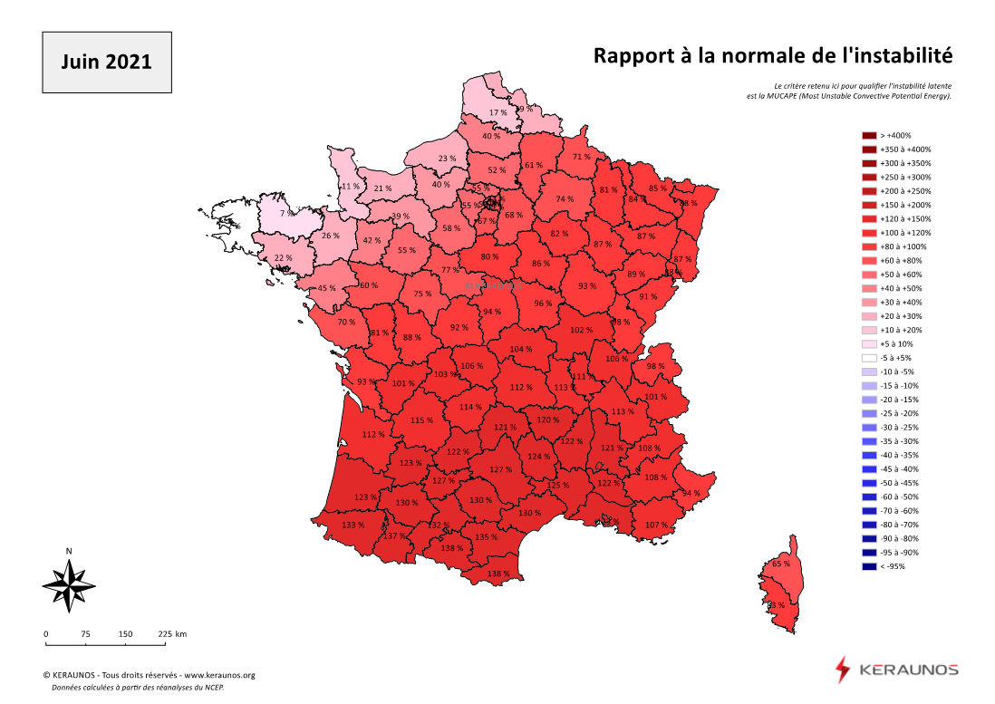 Carte Ecart à la normale de l'instabilité latente - (MUCAPE)