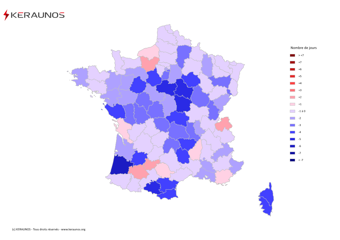 Carte Anomalie du nombre de jours avec orage (moyenne 2009-2015)