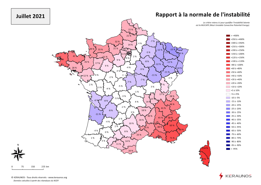 Carte Ecart à la normale de l'instabilité latente - (MUCAPE)