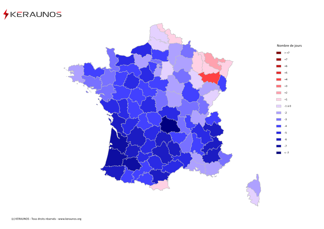 Carte Anomalie du nombre de jours avec orage (moyenne 2009-2015)