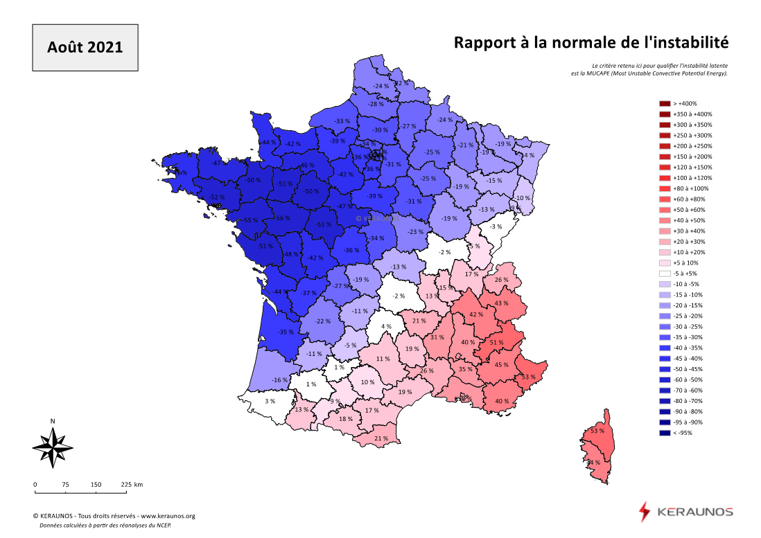 Carte Ecart à la normale de l'instabilité latente - (MUCAPE)