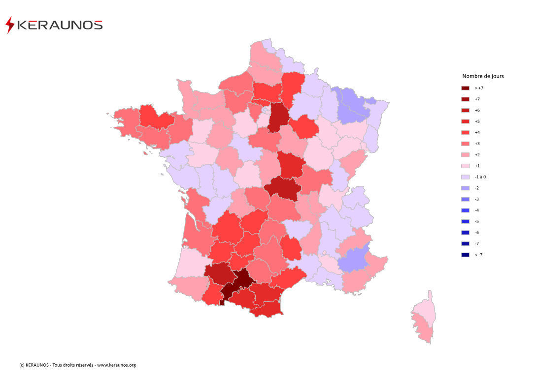 Carte Anomalie du nombre de jours avec orage (moyenne 2009-2015)