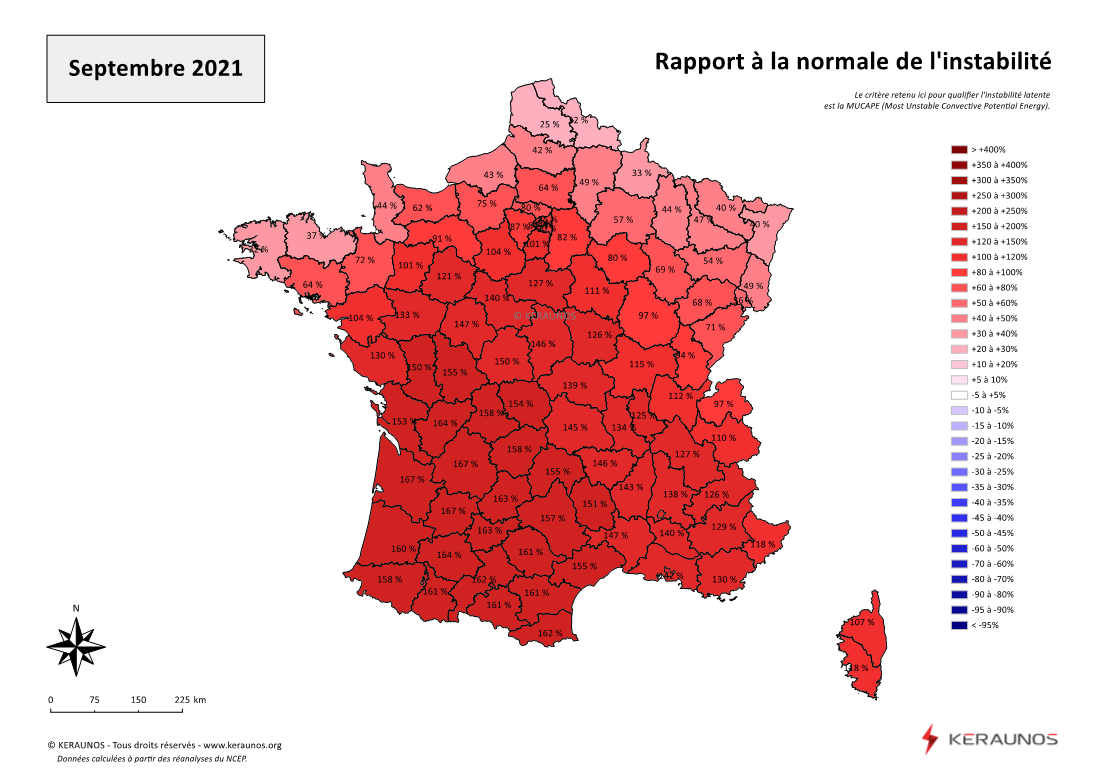 Carte Ecart à la normale de l'instabilité latente - (MUCAPE)