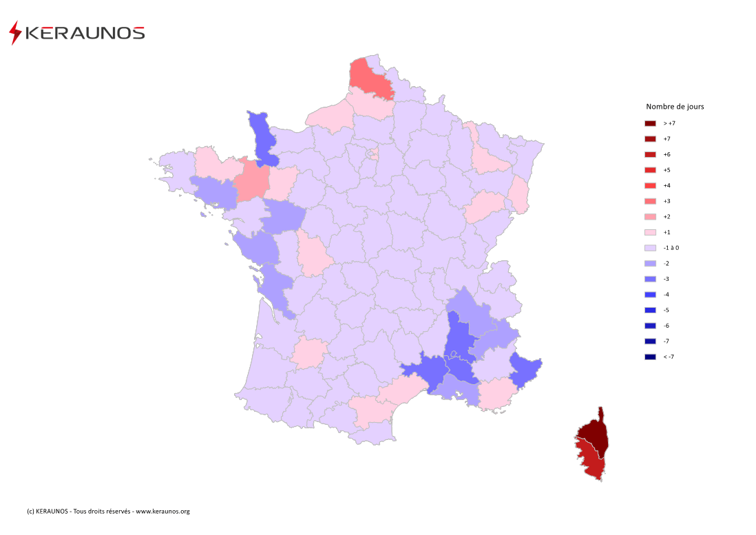 Carte Anomalie du nombre de jours avec orage (moyenne 2009-2015)