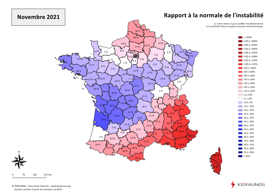 Carte Ecart à la normale de l'instabilité latente - (MUCAPE)