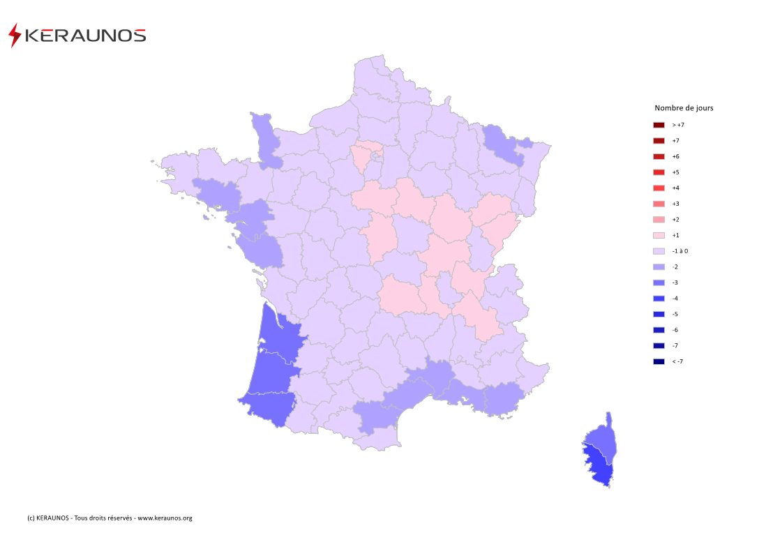 Carte Anomalie du nombre de jours avec orage (moyenne 2009-2015)