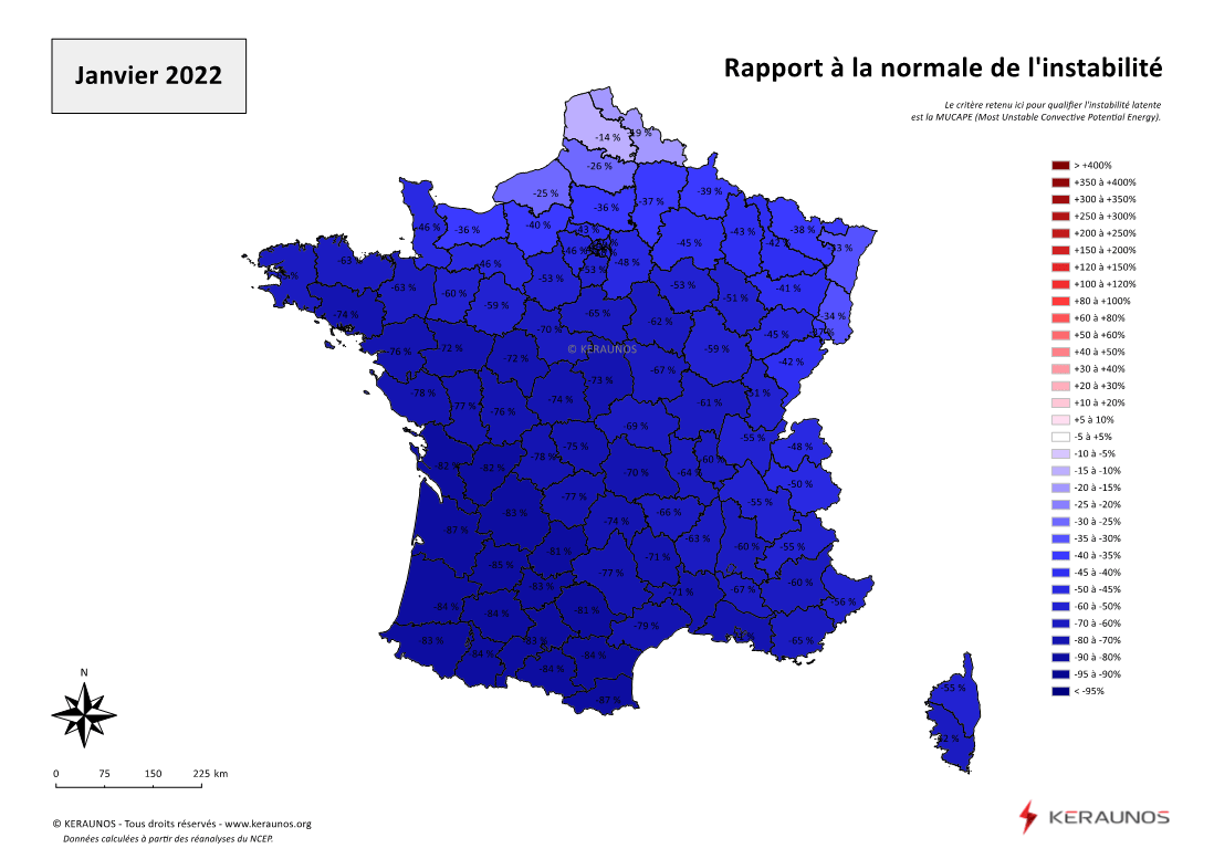 Carte Ecart à la normale de l'instabilité latente - (MUCAPE)