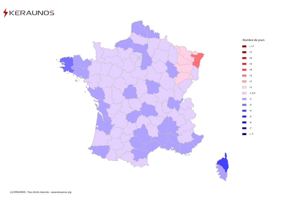 Carte Anomalie du nombre de jours avec orage (moyenne 2009-2015)