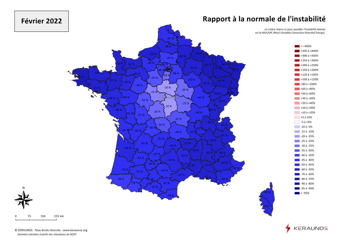 Carte Ecart à la normale de l'instabilité latente - (MUCAPE)