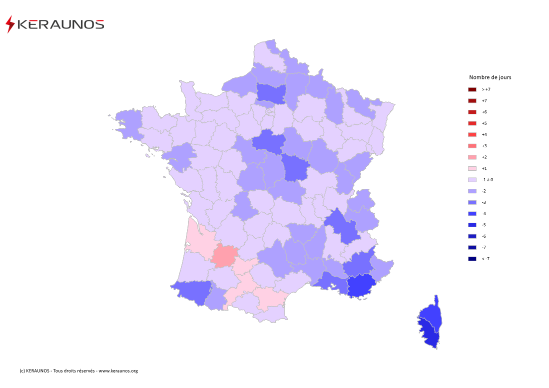 Carte Anomalie du nombre de jours avec orage (moyenne 2009-2015)