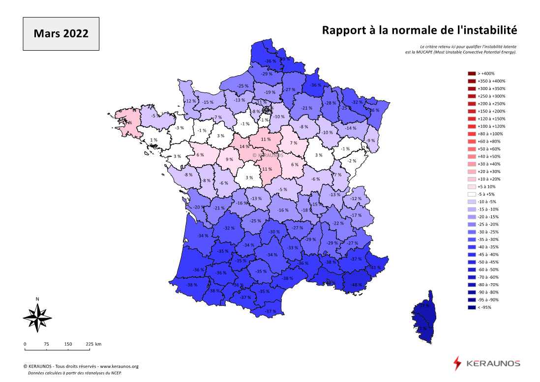 Carte Ecart à la normale de l'instabilité latente - (MUCAPE)