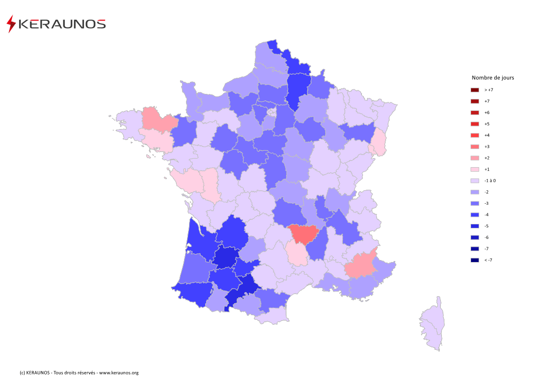 Carte Anomalie du nombre de jours avec orage (moyenne 2009-2015)