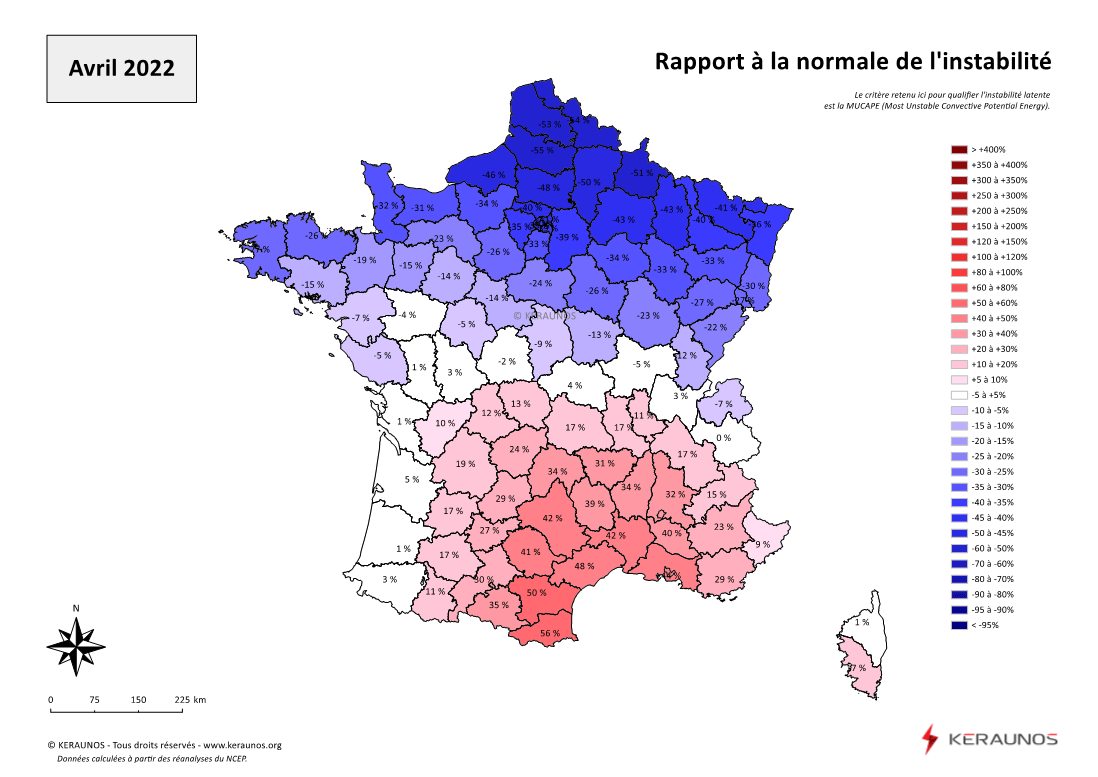 Carte Ecart à la normale de l'instabilité latente - (MUCAPE)