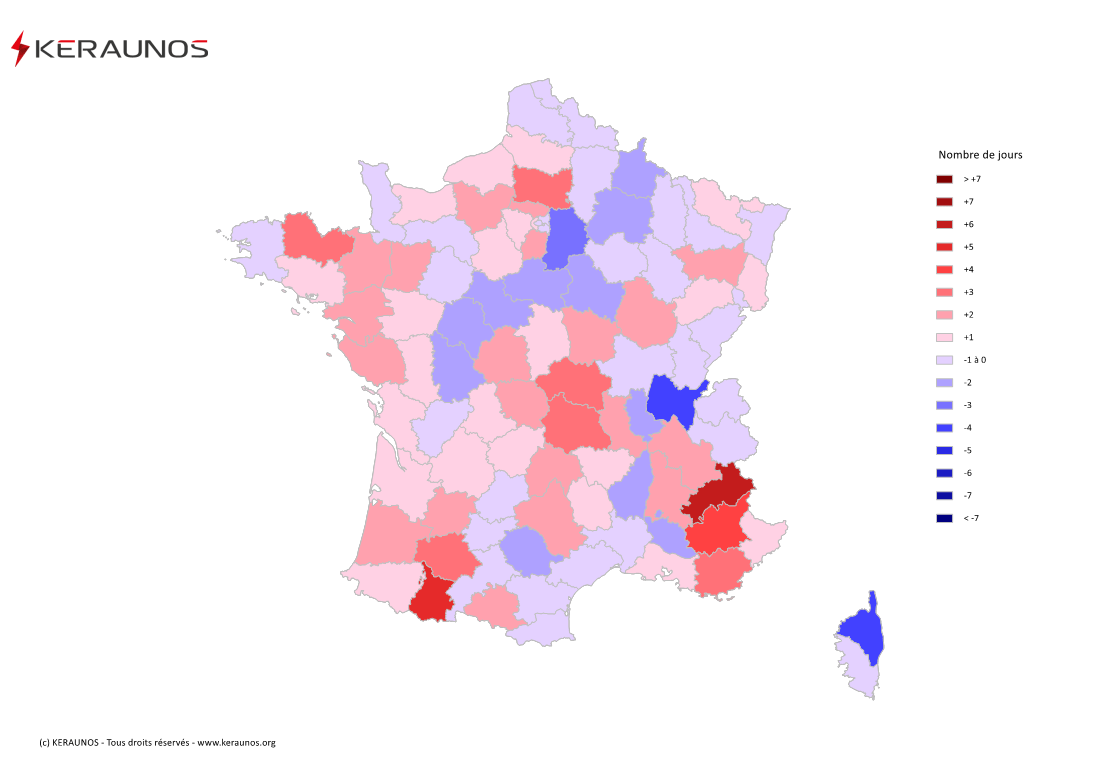 Carte Anomalie du nombre de jours avec orage (moyenne 2009-2015)