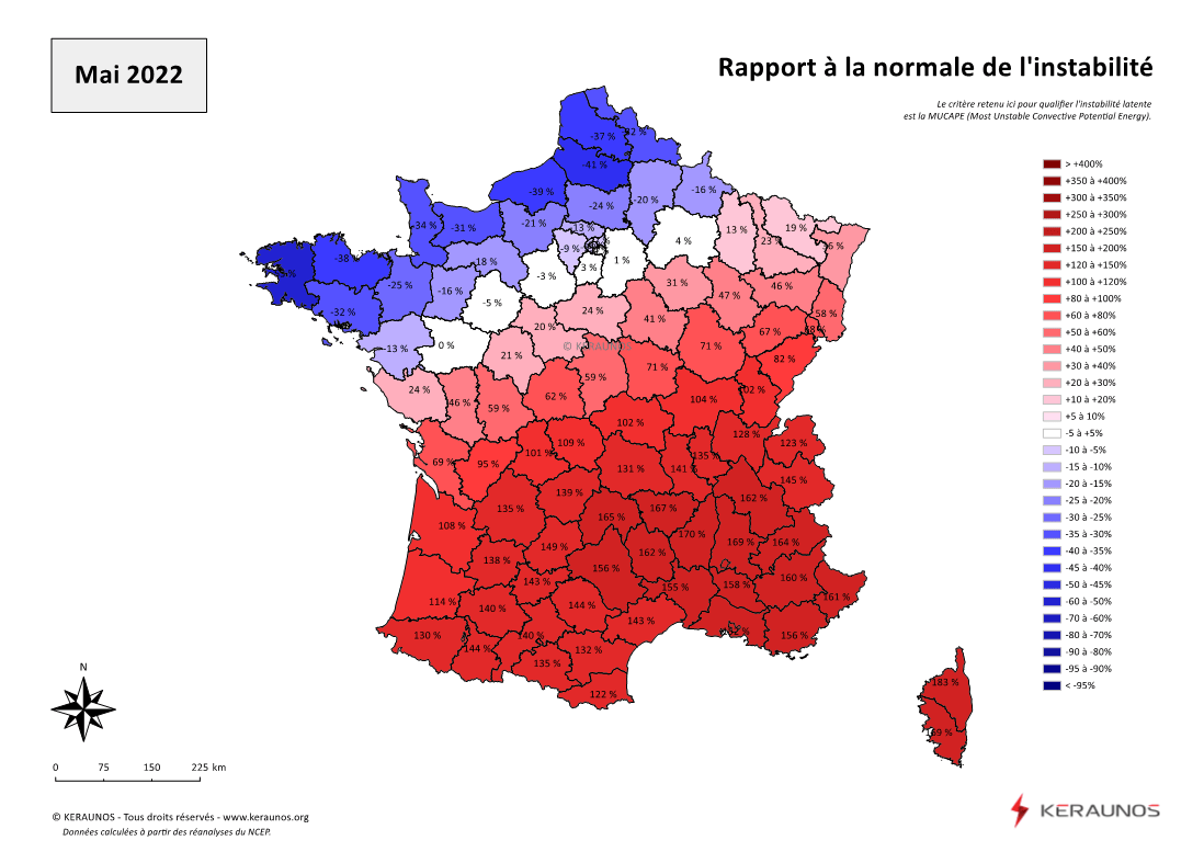 Carte Ecart à la normale de l'instabilité latente - (MUCAPE)