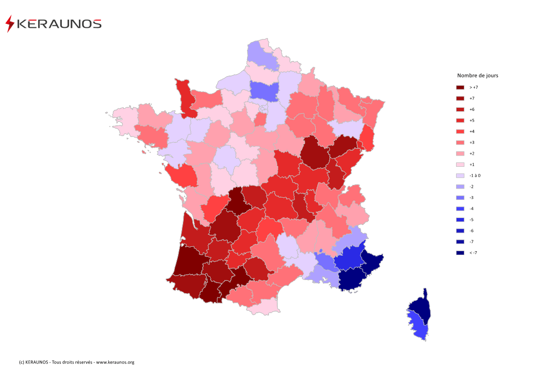 Carte Anomalie du nombre de jours avec orage (moyenne 2009-2015)