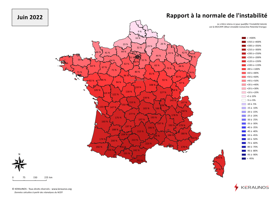 Carte Ecart à la normale de l'instabilité latente - (MUCAPE)