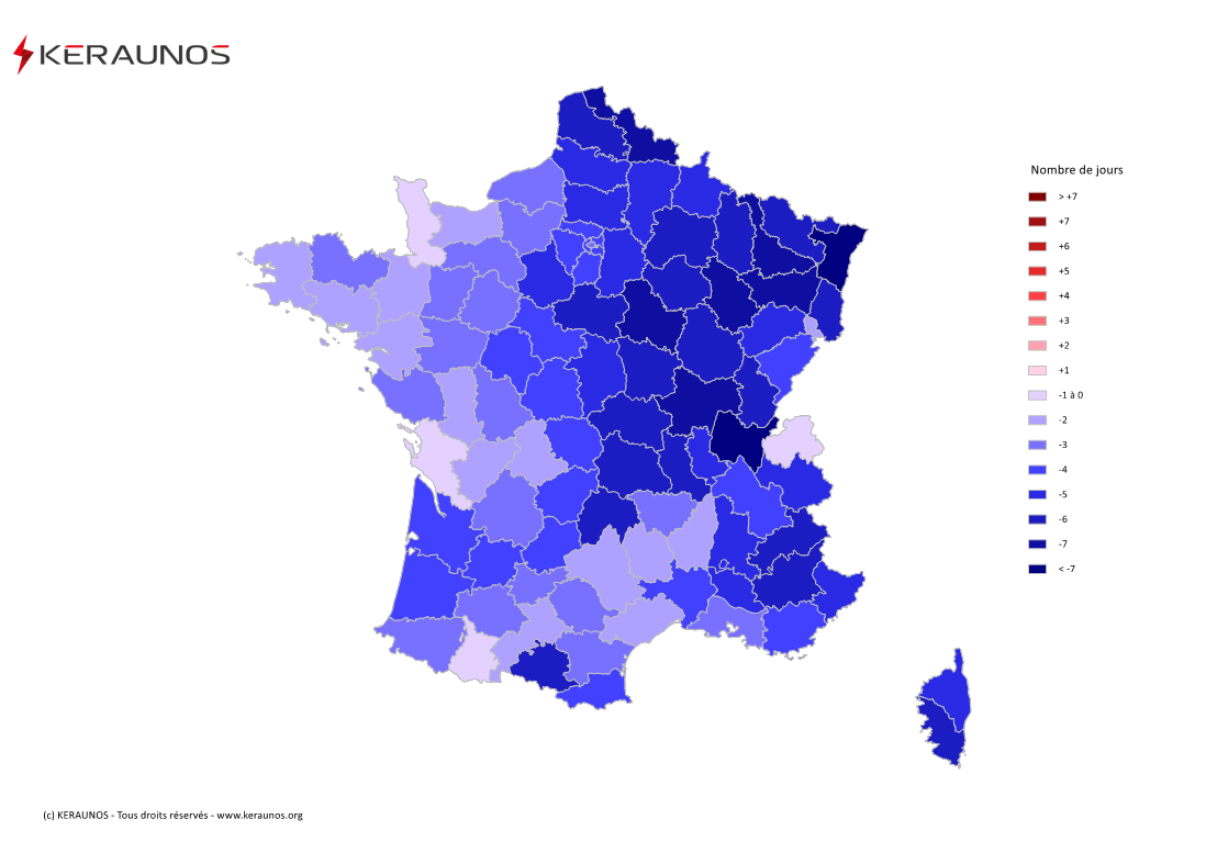 Carte Anomalie du nombre de jours avec orage (moyenne 2009-2015)