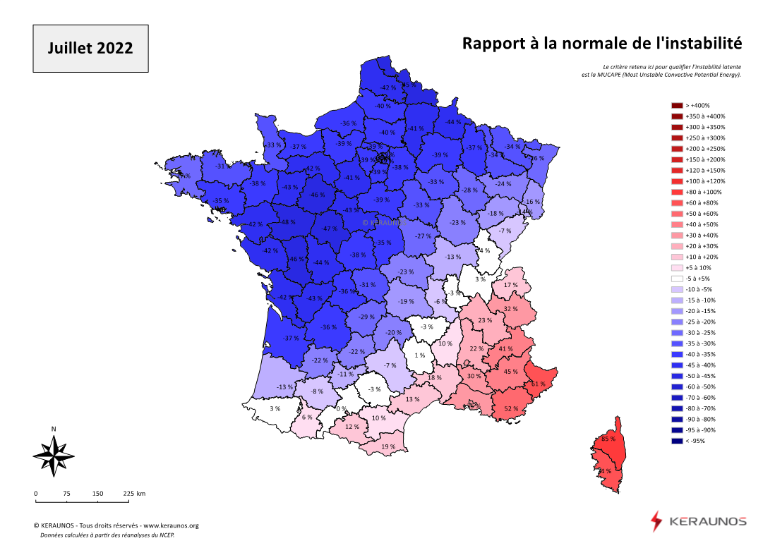 Carte Ecart à la normale de l'instabilité latente - (MUCAPE)