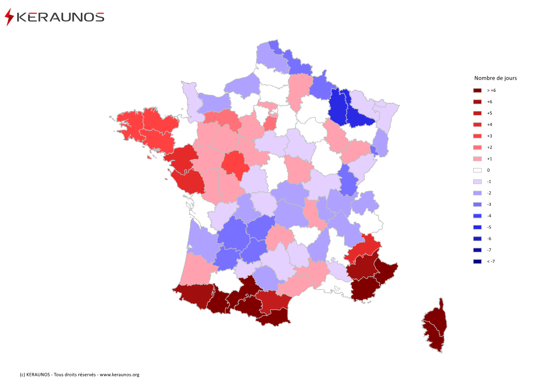 Carte Anomalie du nombre de jours avec orage (moyenne 2009-2015)